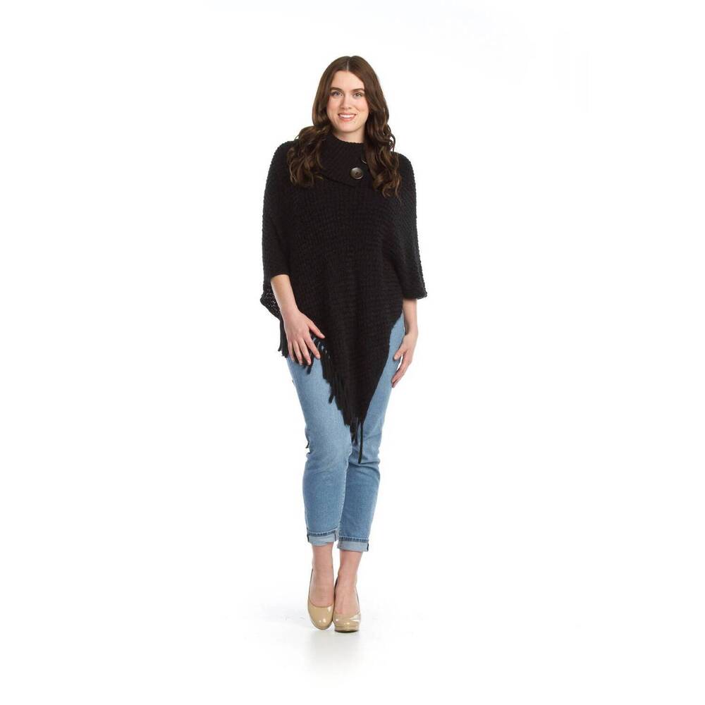 NEW PAPILLON knit poncho with tassles in black